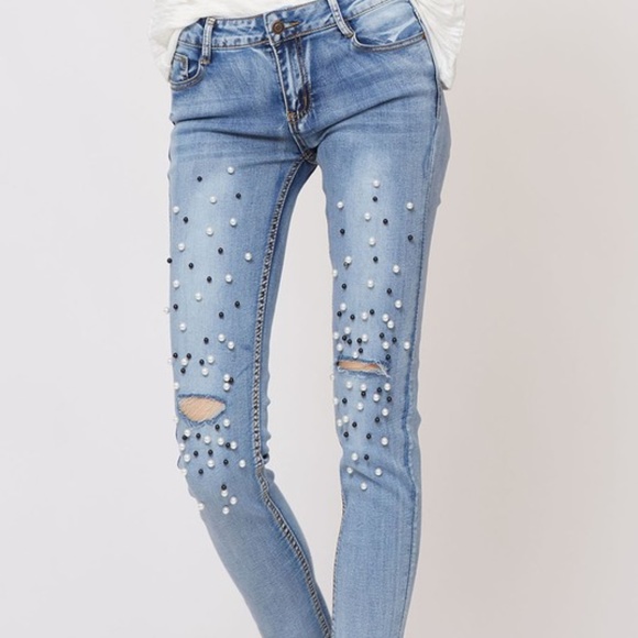 beaded trim washed skinny denim jean - Picture 2 of 8